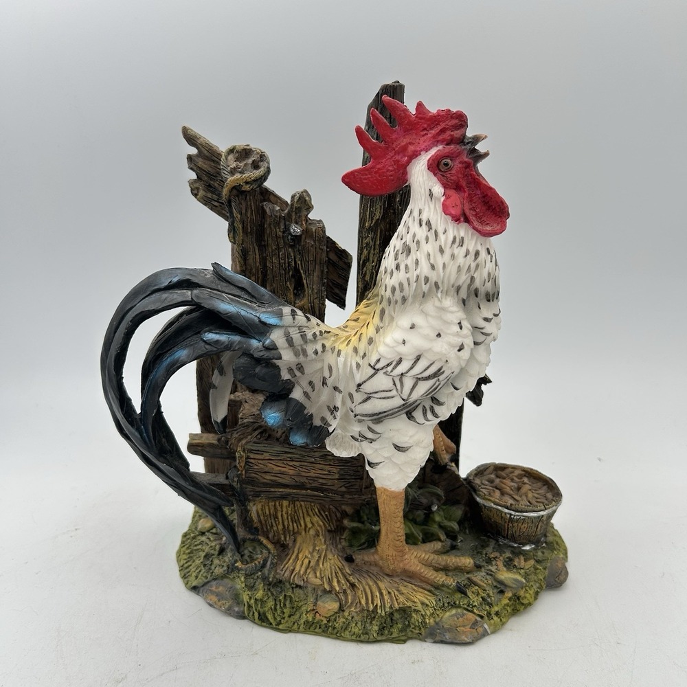 Vtg Rooster by Fence Statue farmhouse Polyresin 8" Rustic Barnyard Decor